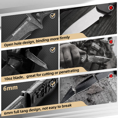 ZUNE LOTOO Tactical Survival Knife with Kydex Sheath, D2 Steel Fixed Blade Knives & G10 Handle, Full Tang Knife for Men Camping Hiking Hunting Bushcraft Black