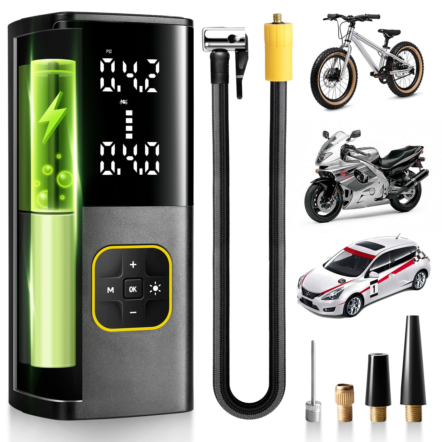 Zune Lotoo 充电式轮胎充气泵 便携式车载空气压缩机，150PSI 电池供电 无绳打气筒 带数字压力计和自动关闭功能，适用于自行车 摩托车 电动车 球类