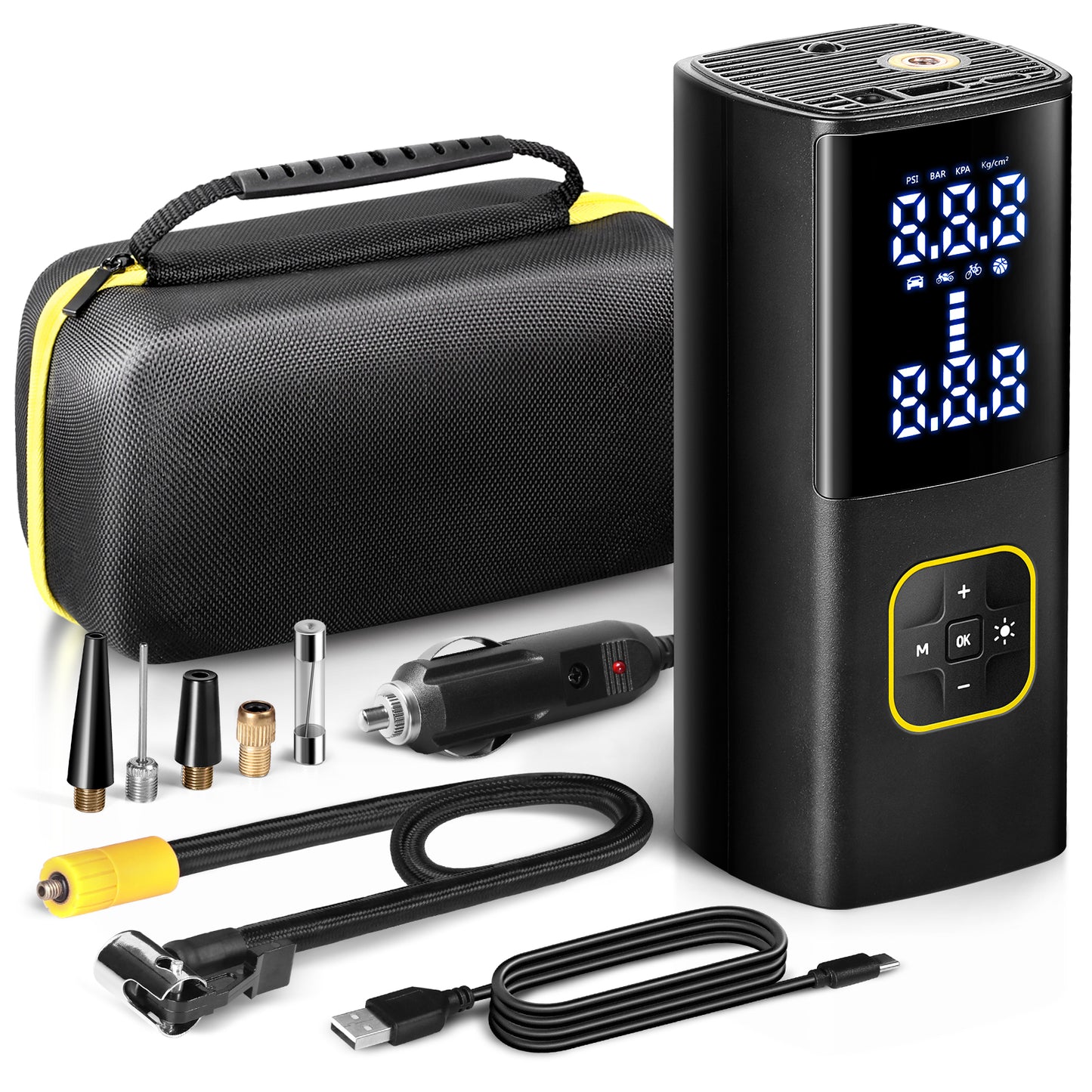 Zune Lotoo 充电式轮胎充气泵 便携式车载空气压缩机，150PSI 电池供电 无绳打气筒 带数字压力计和自动关闭功能，适用于自行车 摩托车 电动车 球类