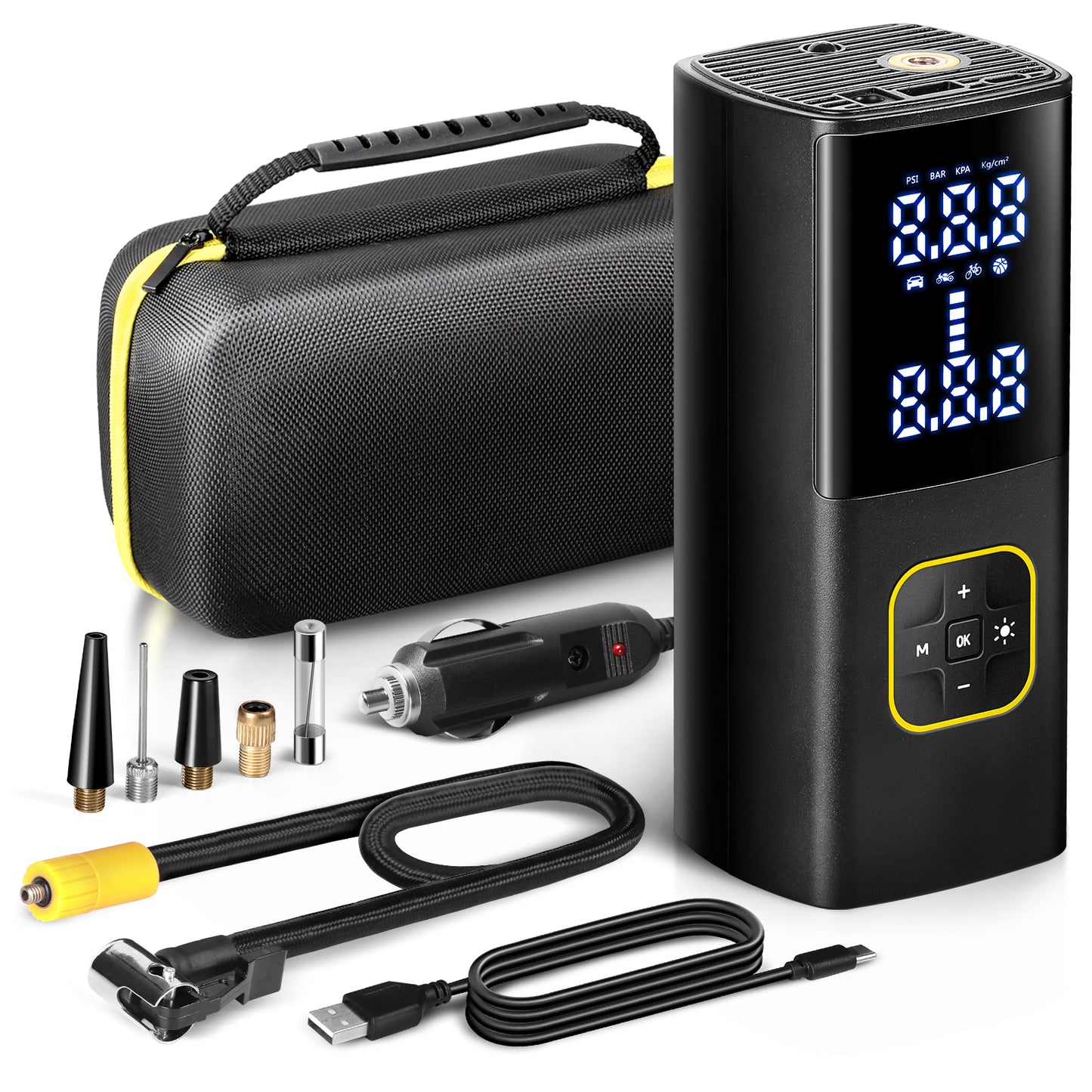 Zune Lotoo 充电式轮胎充气泵 便携式车载空气压缩机，150PSI 电池供电 无绳打气筒 带数字压力计和自动关闭功能，适用于自行车 摩托车 电动车 球类