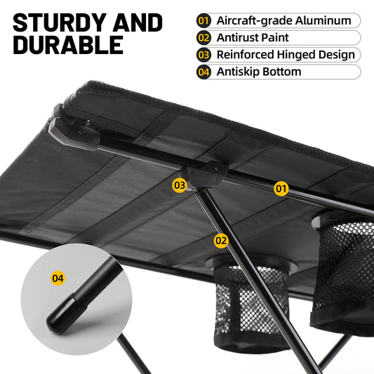 ZUNE LOTOO Portable Camping Table Folding, Small Beach Table Foldable with Drink Holder & Mesh Storage & Carry Bag Compact Camp Tent Side Table for Picnic Tailgate Travel Outdoor Fishing Backpacking