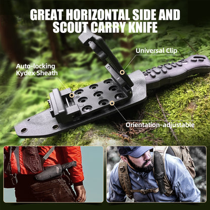 ZUNE LOTOO Tactical Survival Knife with Kydex Sheath, D2 Steel Fixed Blade Knives & G10 Handle, Full Tang Knife for Men Camping Hiking Hunting Bushcraft Black