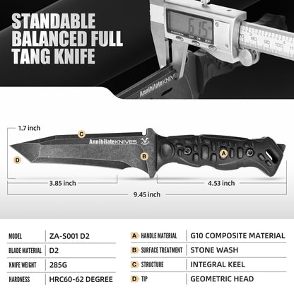 ZUNE LOTOO Tactical Survival Knife with Kydex Sheath, D2 Steel Fixed Blade Knives & G10 Handle, Full Tang Knife for Men Camping Hiking Hunting Bushcraft Black