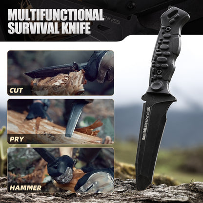 ZUNE LOTOO Tactical Survival Knife with Kydex Sheath, D2 Steel Fixed Blade Knives & G10 Handle, Full Tang Knife for Men Camping Hiking Hunting Bushcraft Black
